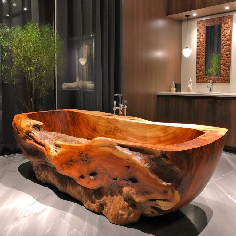 Live edge wooden bathtubs can be customized with various finishes, allowing for personalized aesthetics