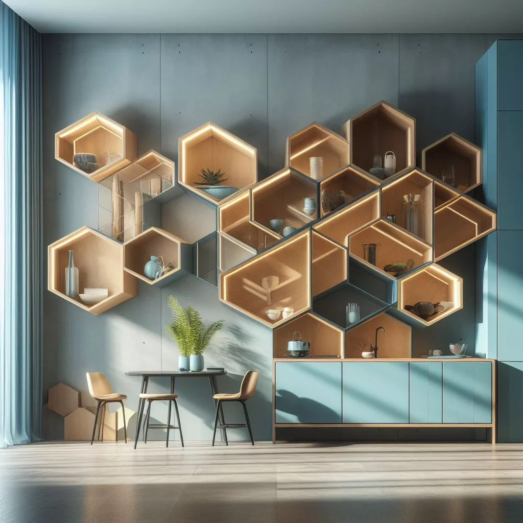 Add a touch of elegance to your living room by arranging hexagon shelves around a TV