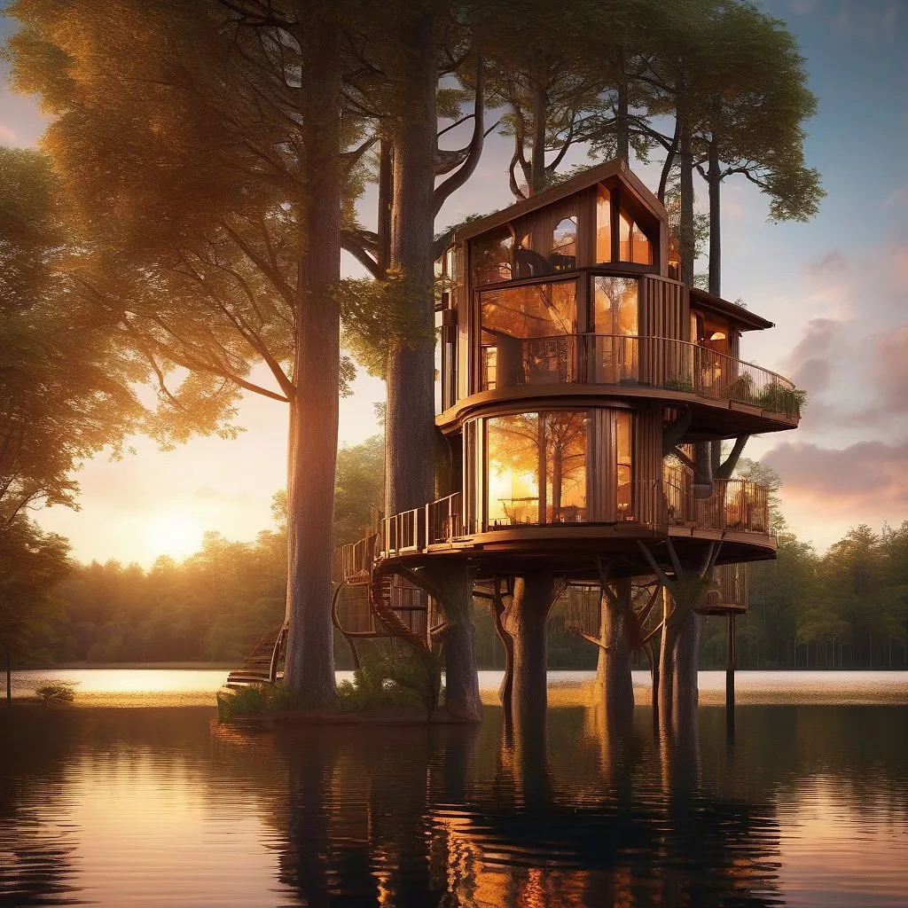 Witness the ingenuity of a tree house seamlessly connecting two majestic oak trees