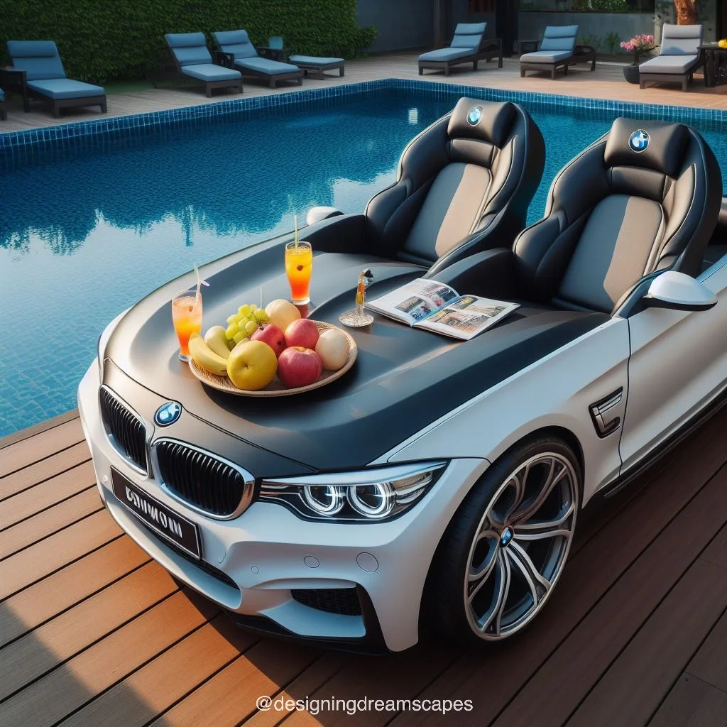 BMW car-shaped relaxation chair next to the swimming pool