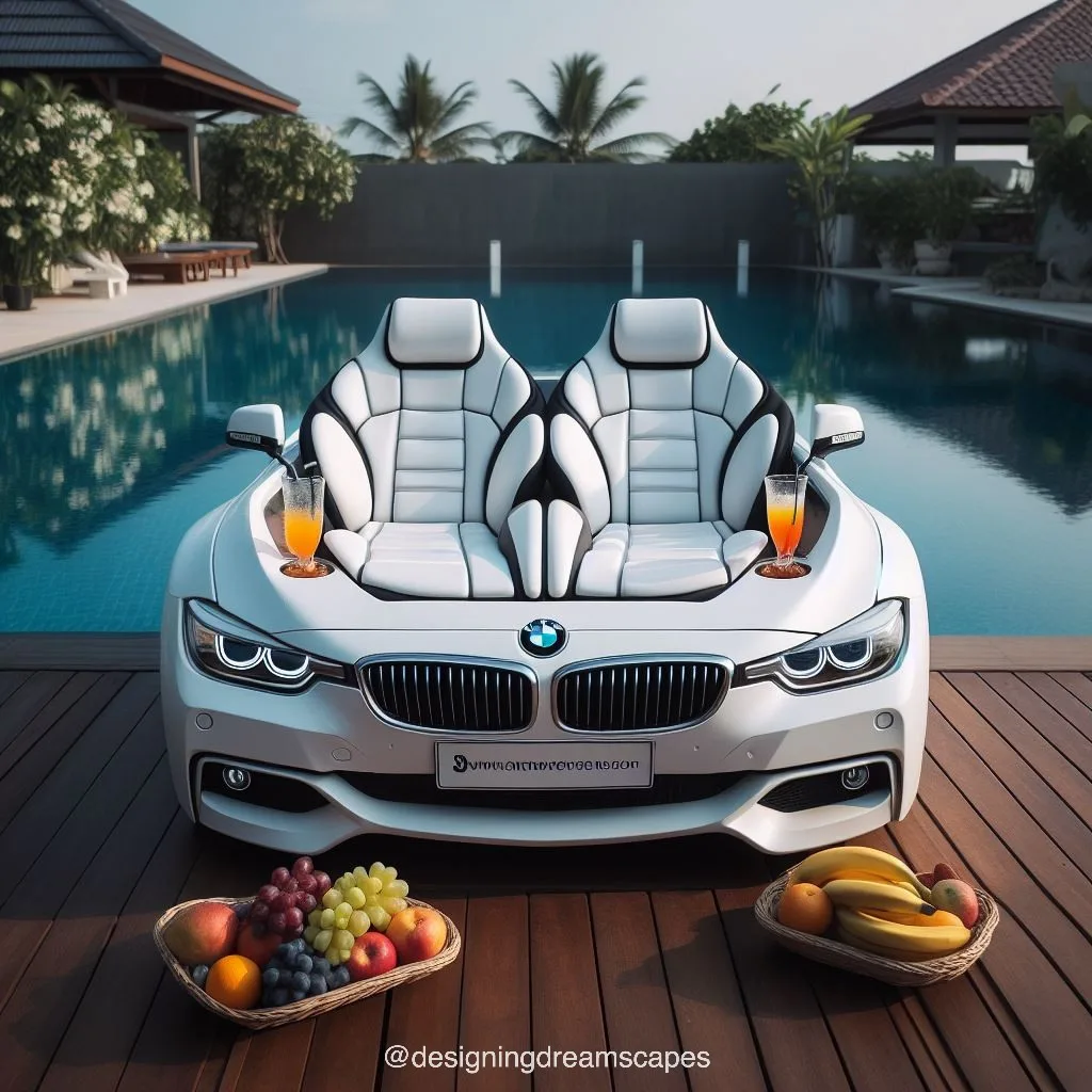 BMW car-shaped relaxation chair next to the swimming pool