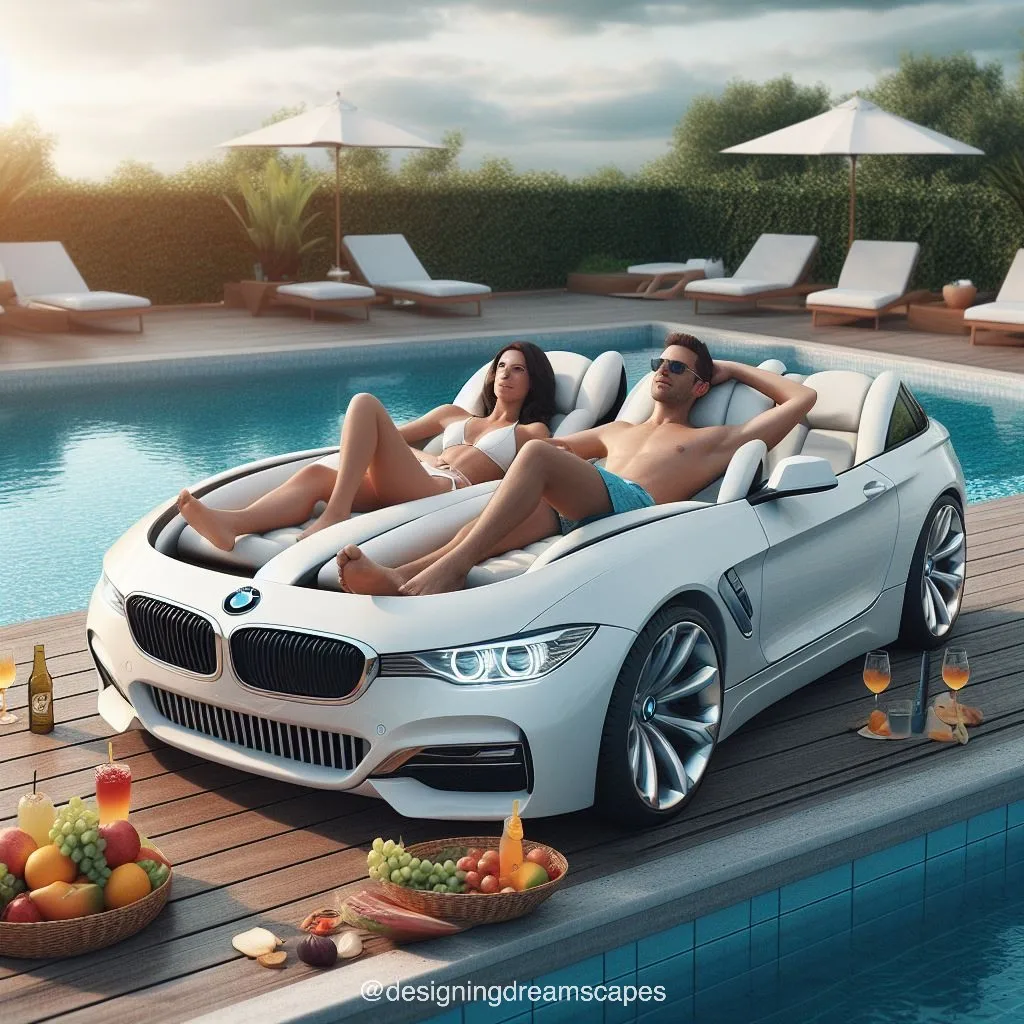 BMW car-shaped relaxation chair next to the swimming pool