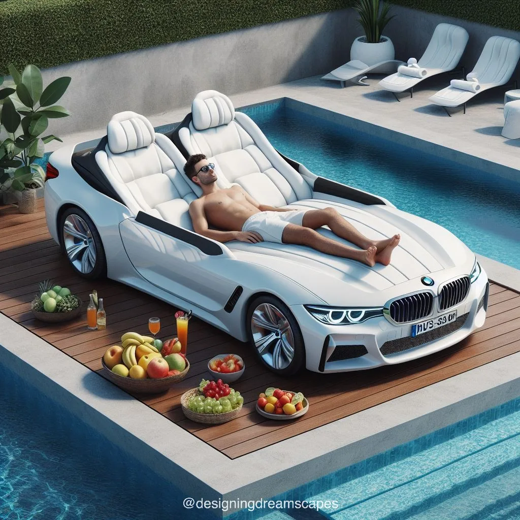 BMW car-shaped relaxation chair next to the swimming pool