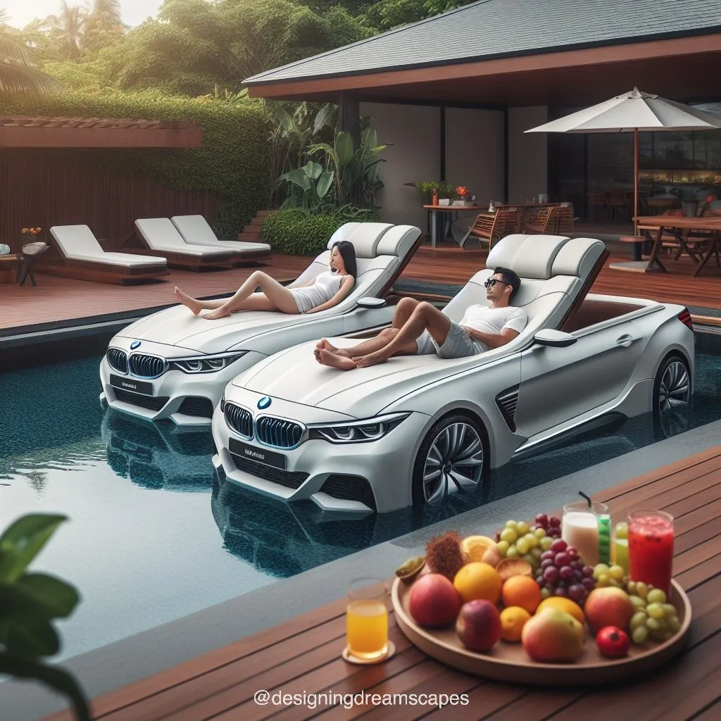 BMW car-shaped relaxation chair next to the swimming pool