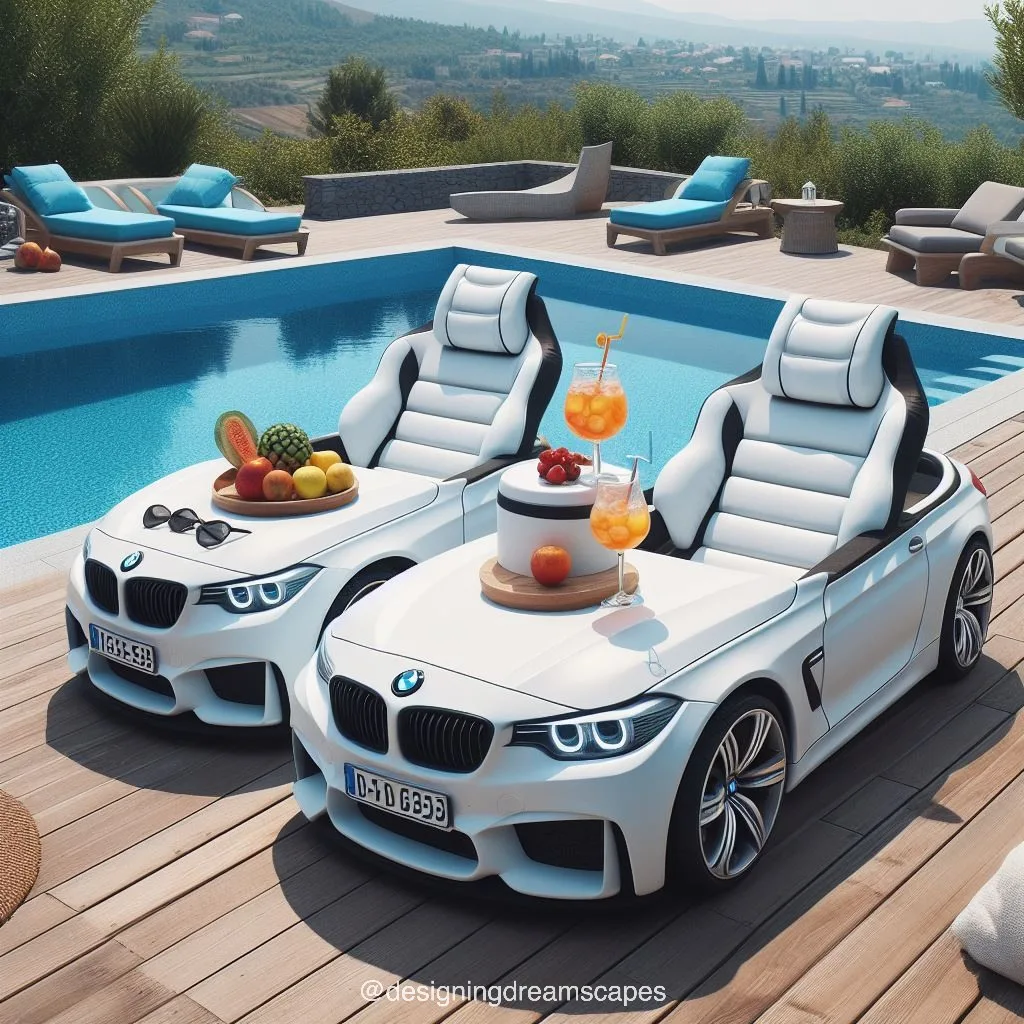 BMW car-shaped relaxation chair next to the swimming pool