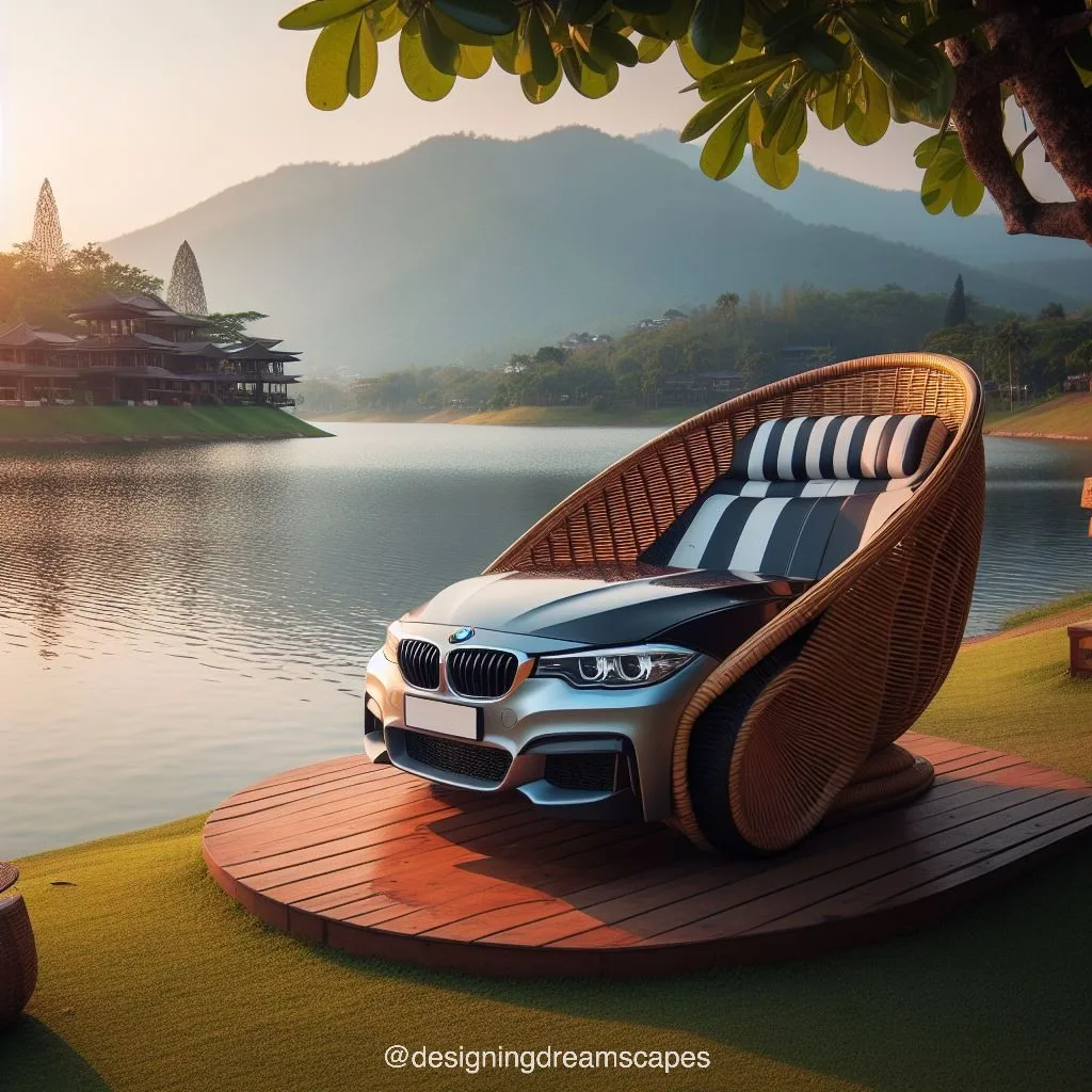 BMW car-shaped relaxation chair next to the swimming pool