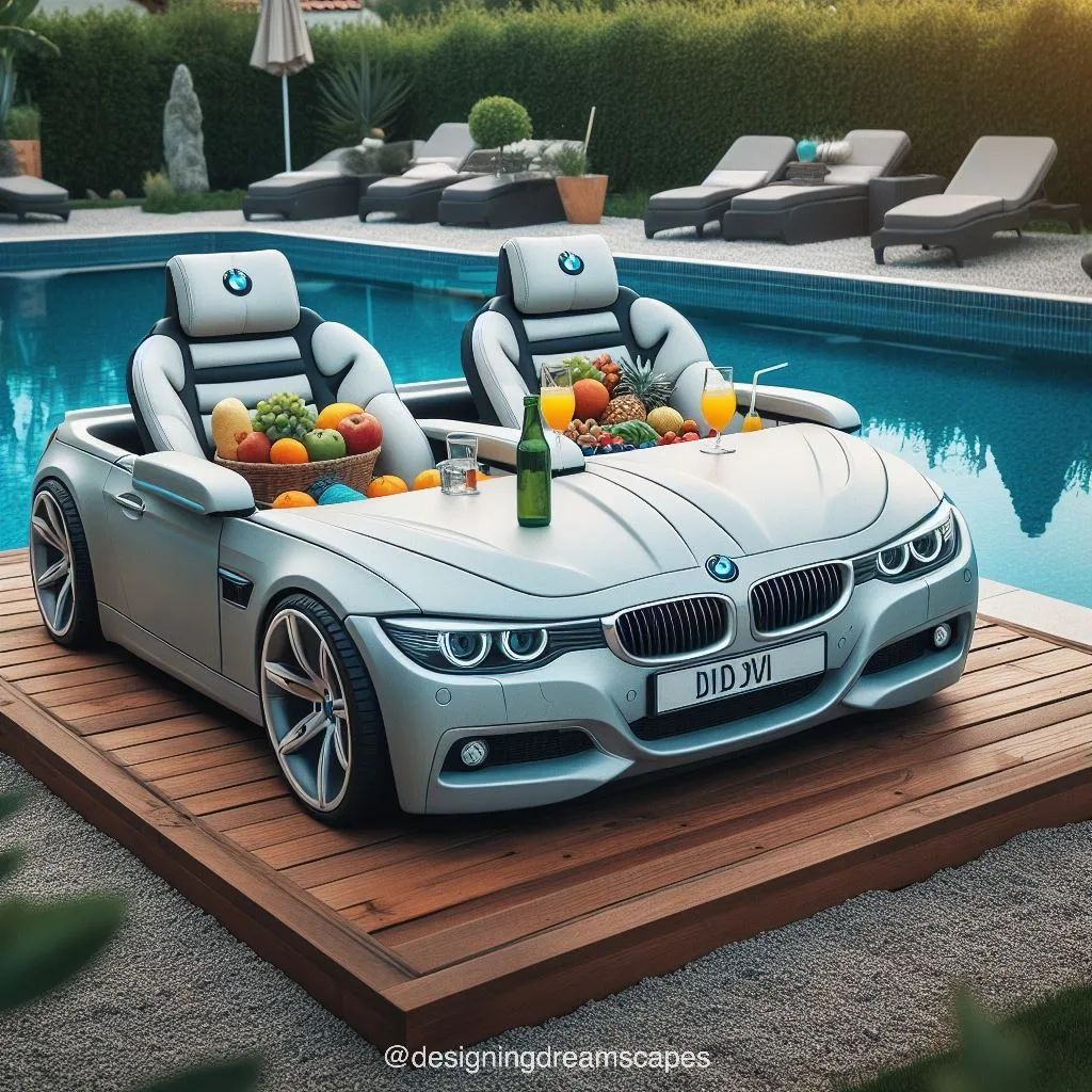 BMW car-shaped relaxation chair next to the swimming pool