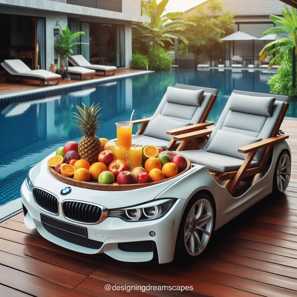 BMW car-shaped relaxation chair next to the swimming pool