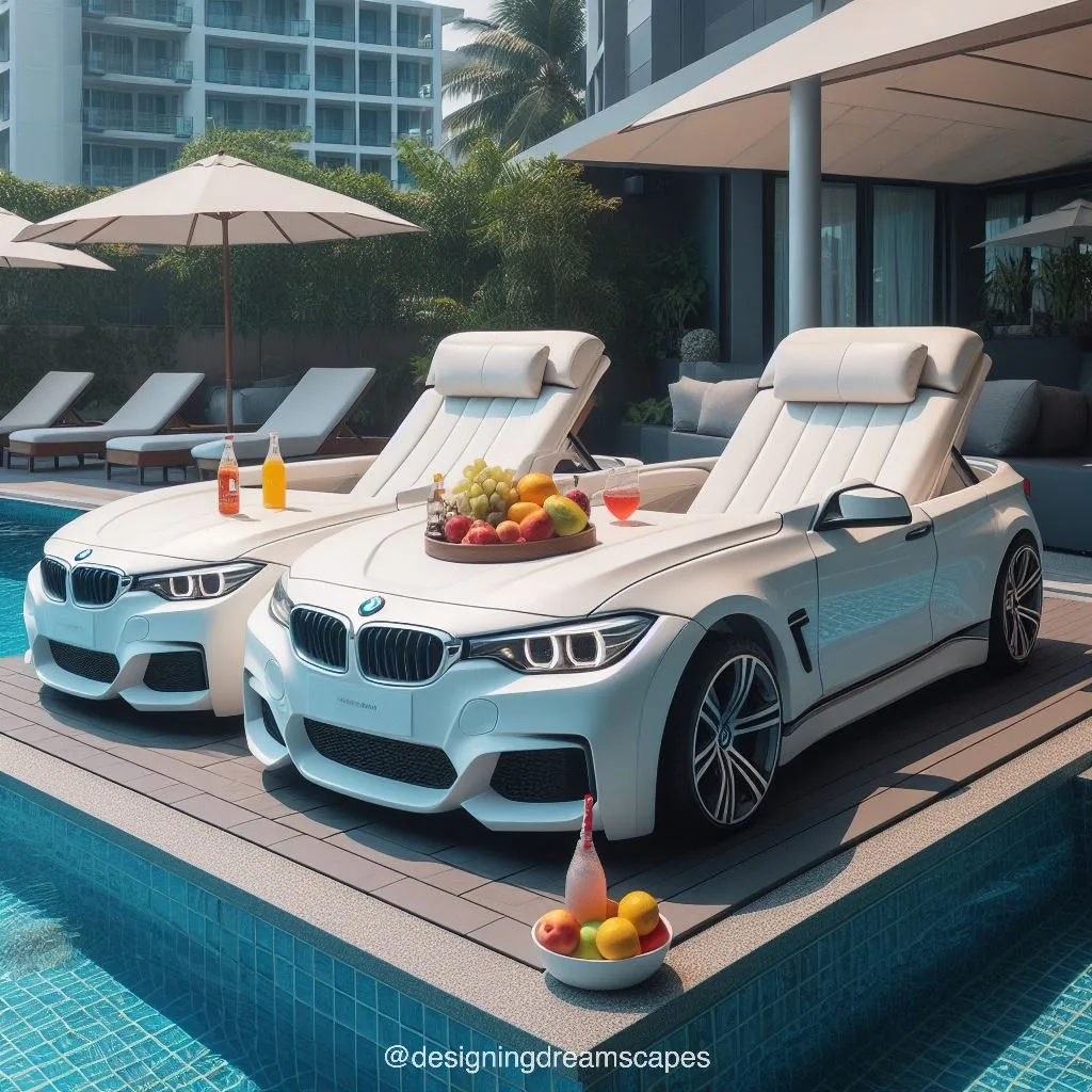 BMW car-shaped relaxation chair next to the swimming pool