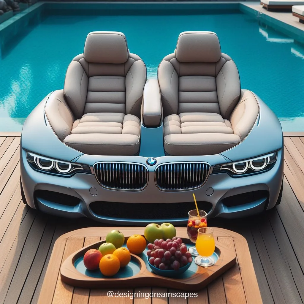 BMW car-shaped relaxation chair next to the swimming pool