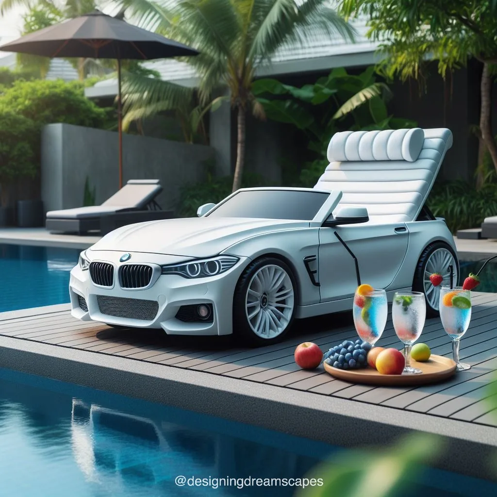 BMW car-shaped relaxation chair next to the swimming pool