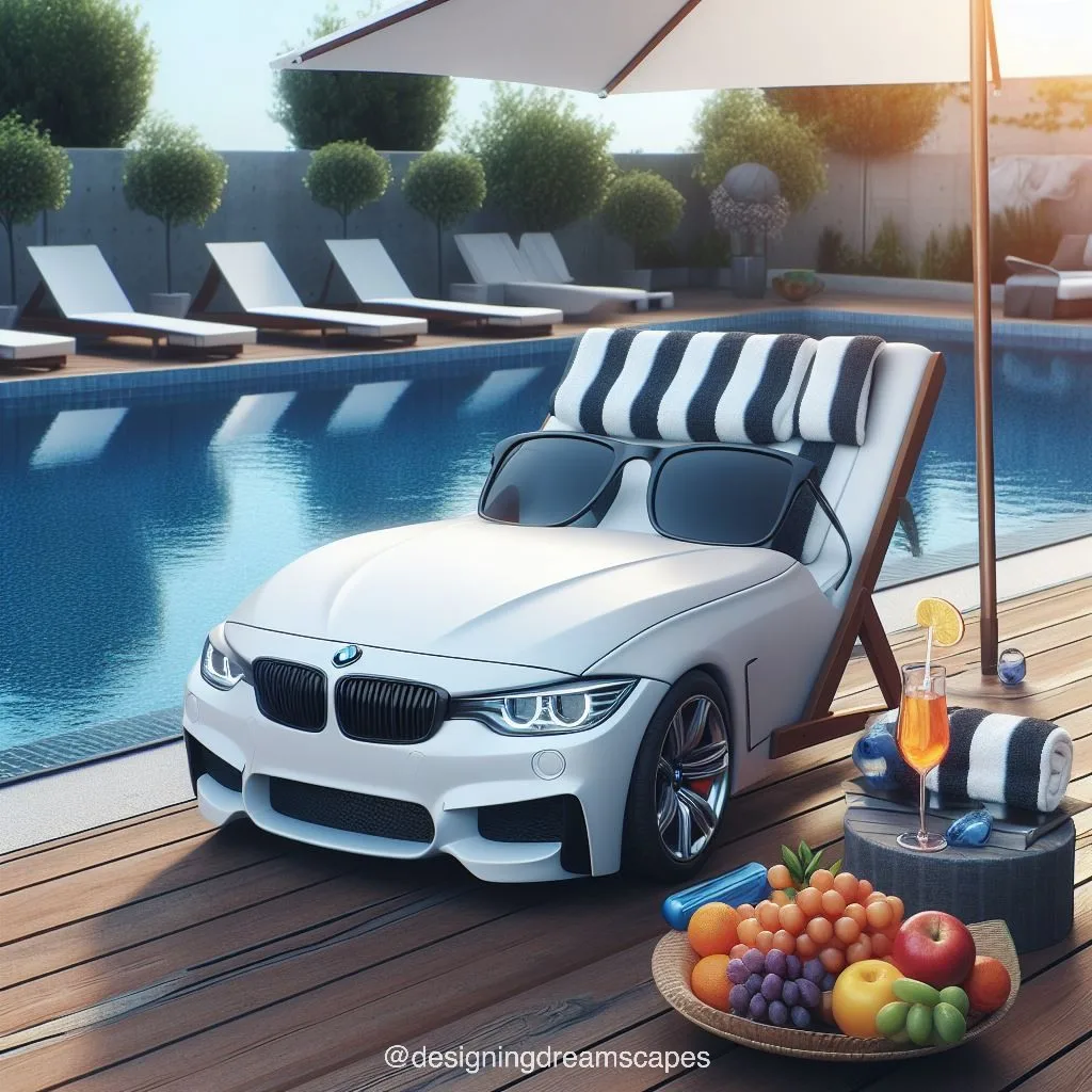 BMW car-shaped relaxation chair next to the swimming pool