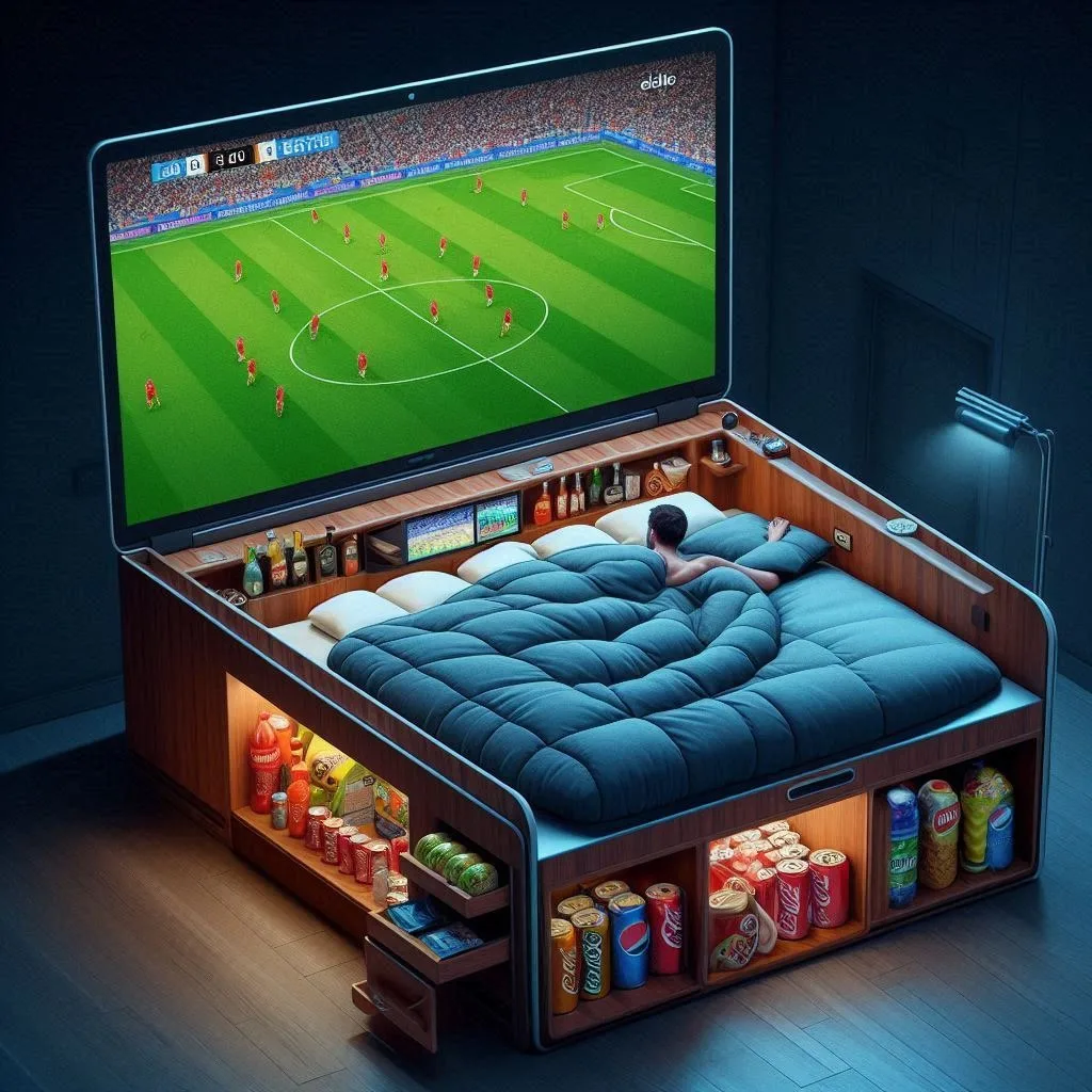 Bed with Refrigerator, Laptop, and Euro 2024 Viewing Experience