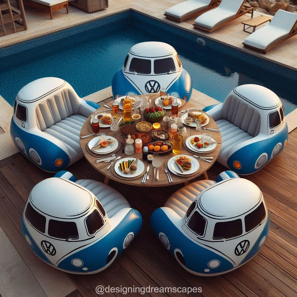 Round Table with Volkswagen-Shaped Inflatable Chairs: Perfect for Fun Gatherings