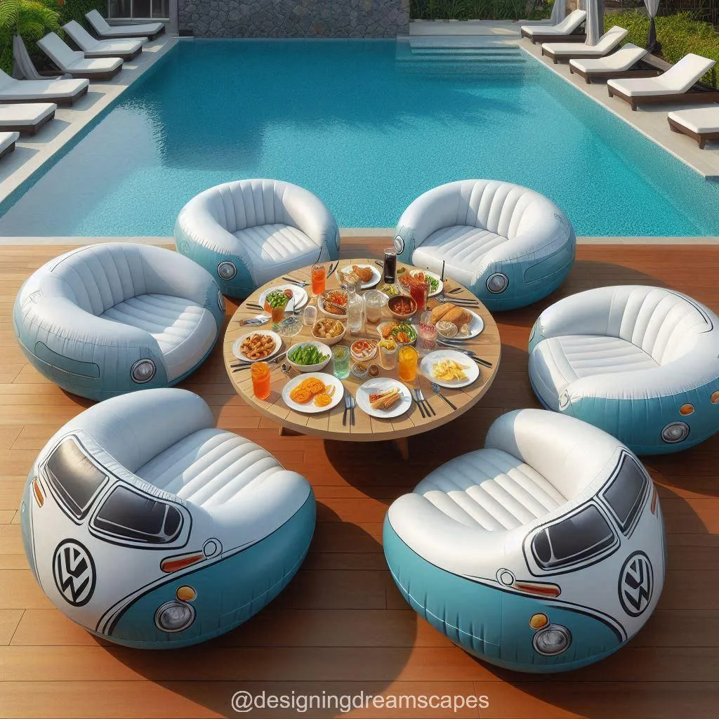 A Round Table Gathering with a Twist: Volkswagen-Shaped Inflatable Chairs