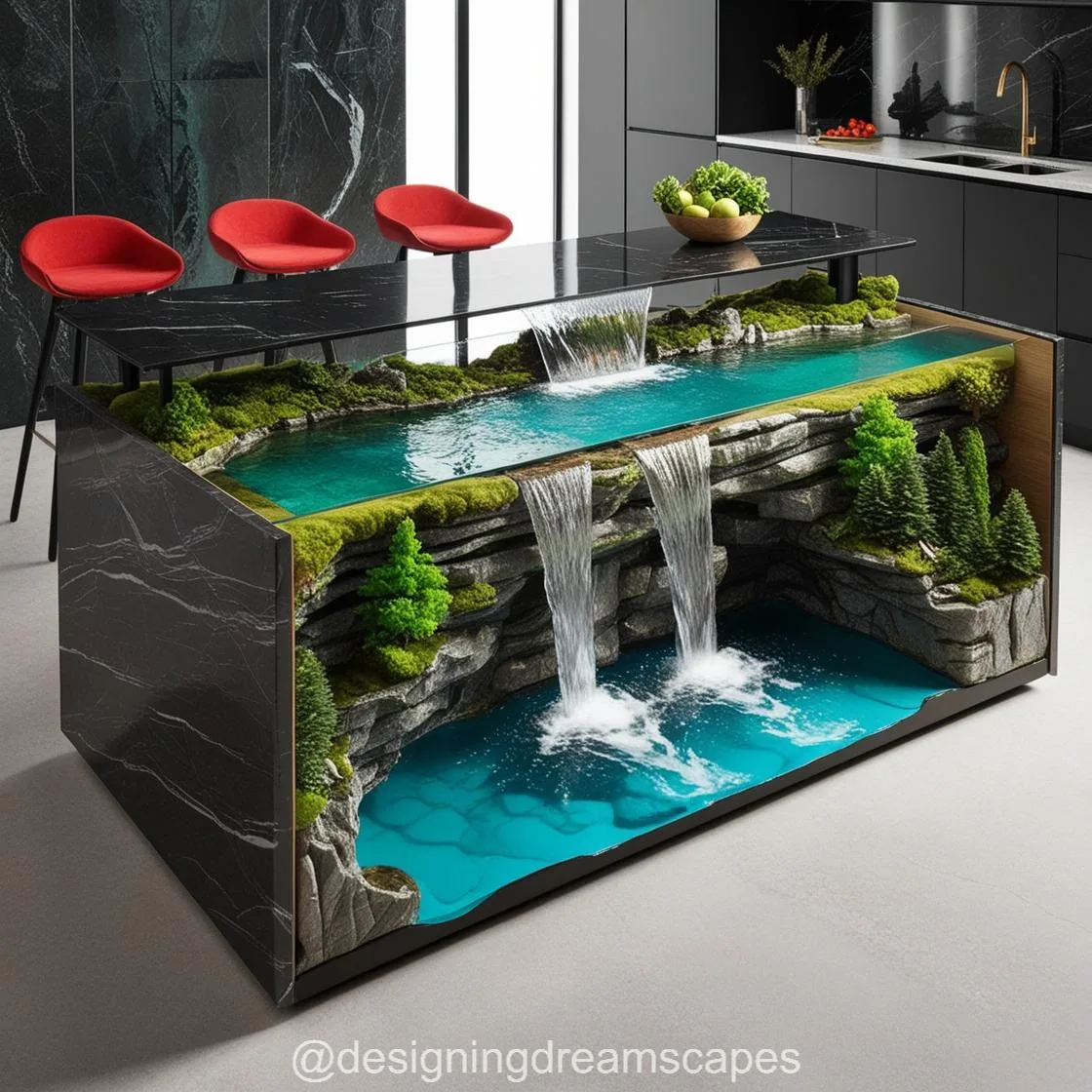 Waterfall Active Scene Kitchen Island: Where Functionality Meets Art