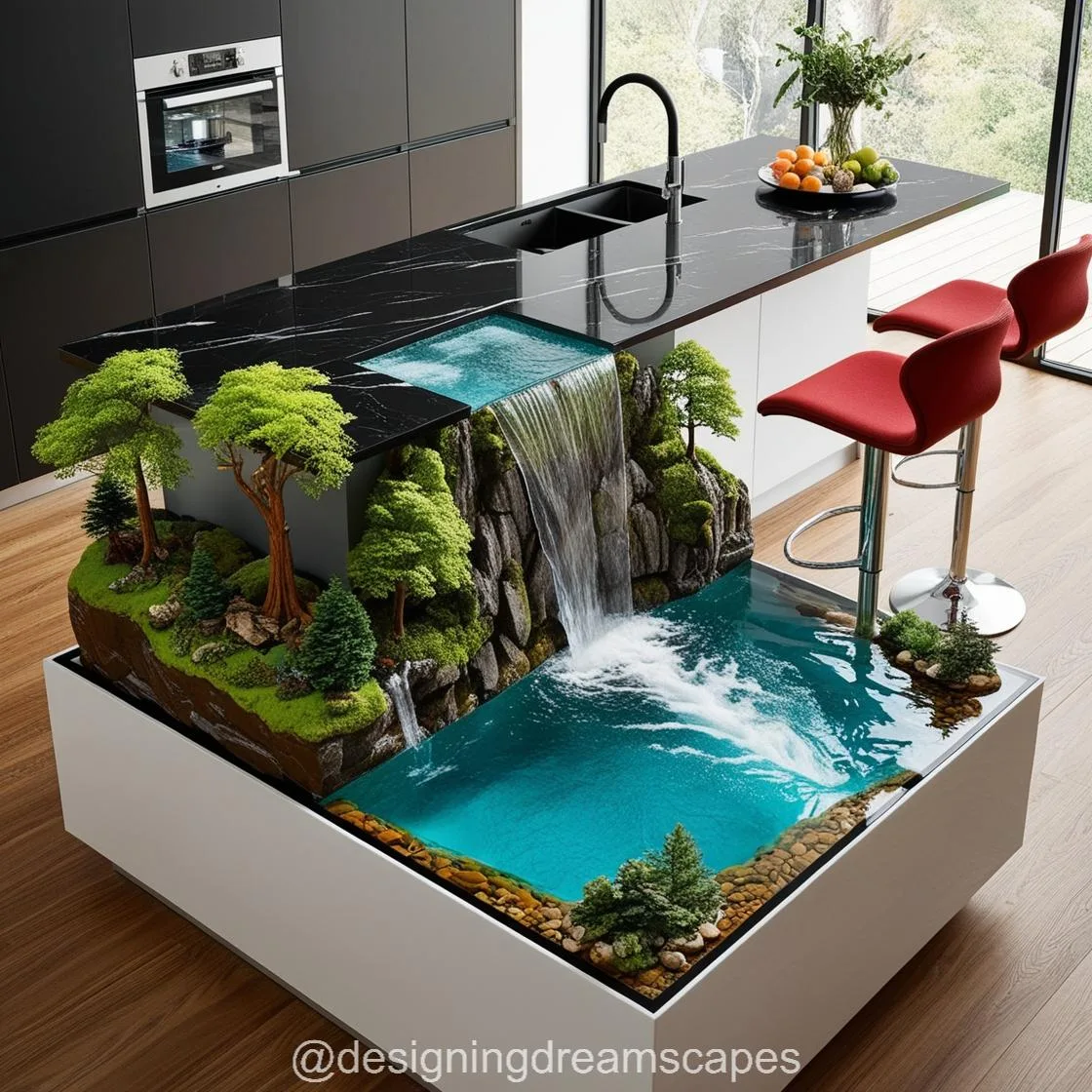 Waterfall Active Scene Kitchen Island: Where Functionality Meets Art