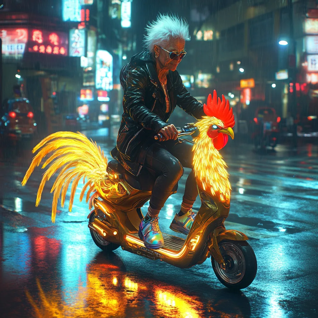 Who Rides a Shiny Golden Rooster Scooter?