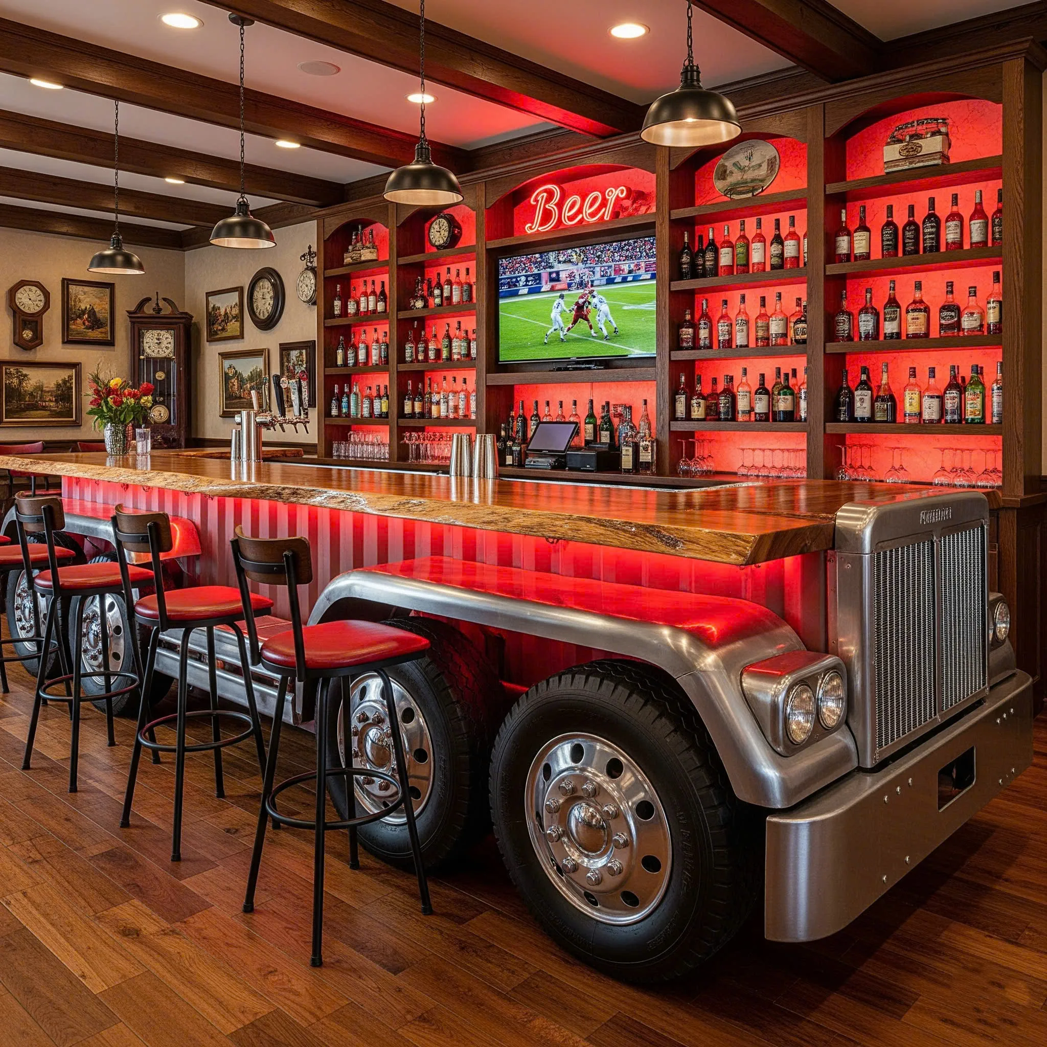 Traditional Home Bar with a Truck-Inspired Twist