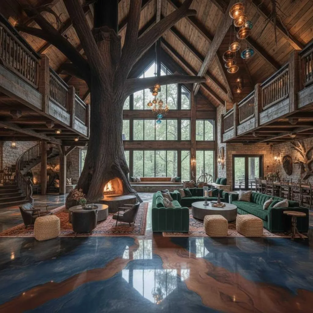 The Art of Integrating a Tree Fireplace with Epoxy Root Flooring into Home Design