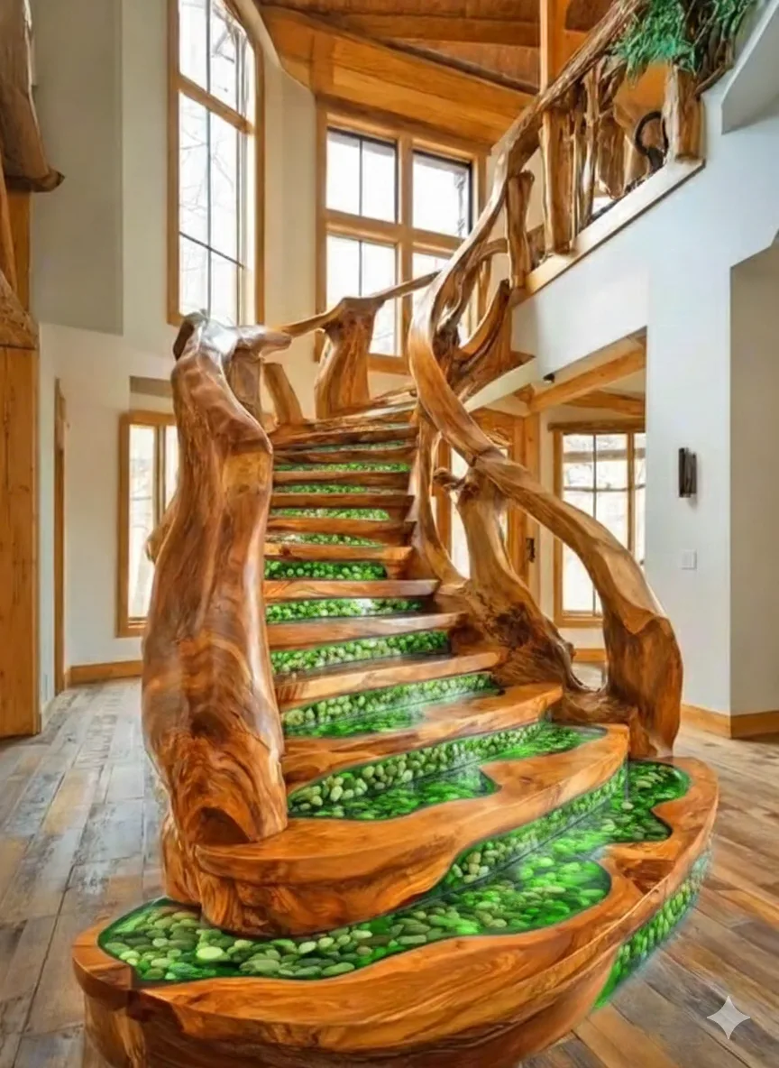 Embracing Nature-inspired Elegance with a Wood and Epoxy Pebble Staircase