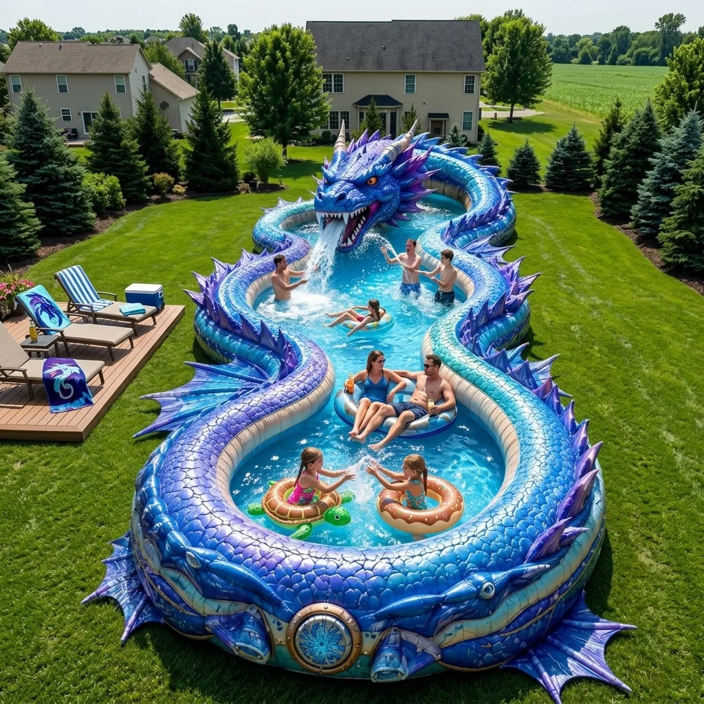 Dive into Fun with the Giant Dragon Inflatable Lazy River Pool – The Ultimate Backyard Oasis